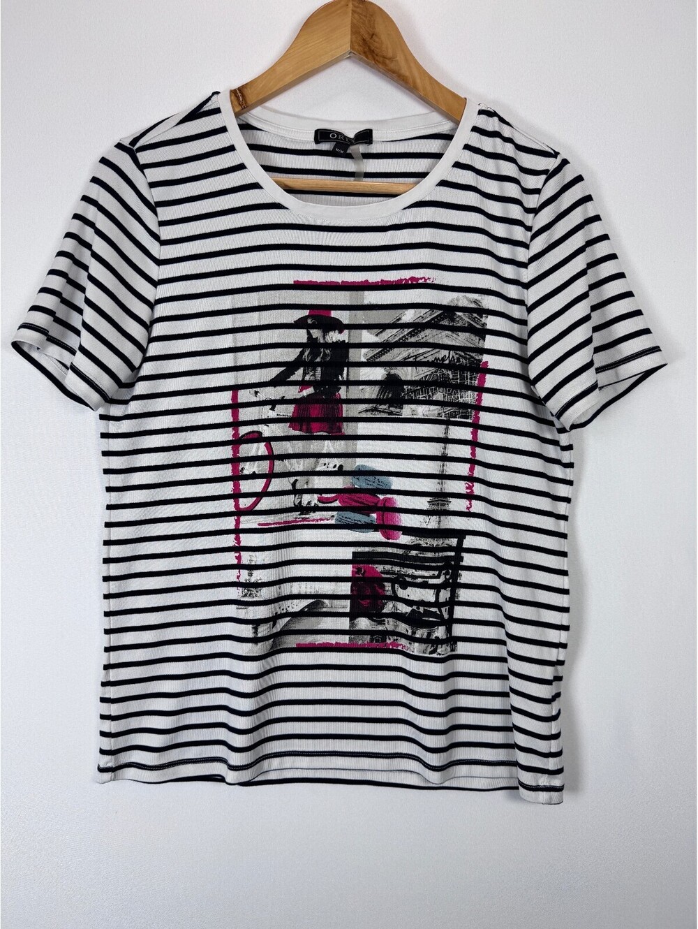 ORLY Black White Women’s M  Striped Paris Graphic Stretch Short Sleeve Top